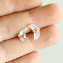 Load image into Gallery viewer, Moonstone Studs Earrings, Rainbow Moonstone Earrings Blue Flash Moonstone Crescent Earrings June Birthstone Moonstone Crescent Post Earrings