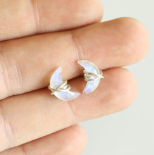 Load image into Gallery viewer, Moonstone Studs Earrings, Rainbow Moonstone Earrings Blue Flash Moonstone Crescent Earrings June Birthstone Moonstone Crescent Post Earrings